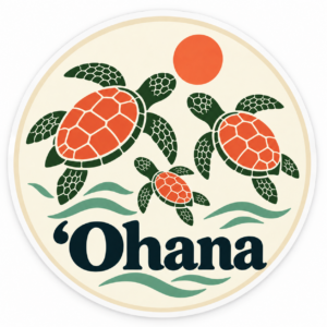 Ohana ホヌ ウミガメファミリー ハワイアン 円形ステッカー 100mm サンセットコーラル