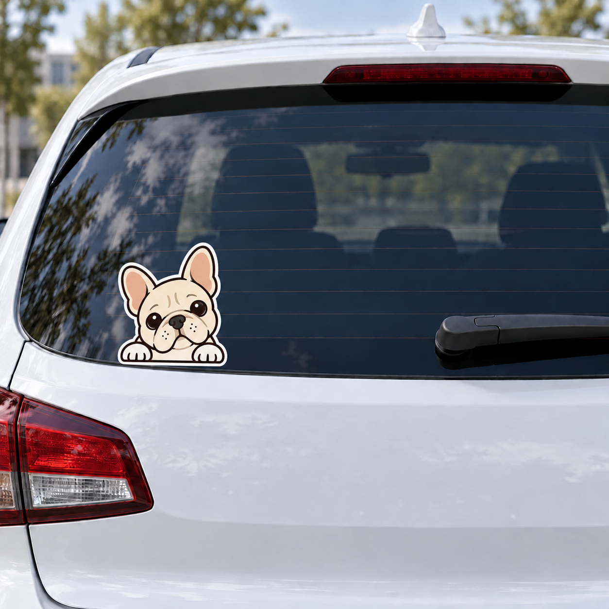 白い車のリアガラス左下に、首をかしげたクリーム色のフレンチブルドッグの白フチ付きステッカーを貼ったイメージ。