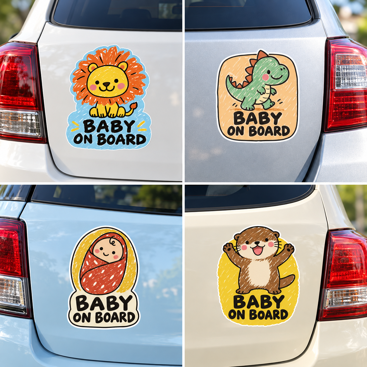 ライオン、恐竜、おくるみベビー、カワウソのクレヨン風イラストと「BABY ON BOARD」の文字が入った車用ステッカー4種類を、白・シルバー・水色・クリーム色の車の後部ボディにそれぞれ貼り付けたモックアップ画像。